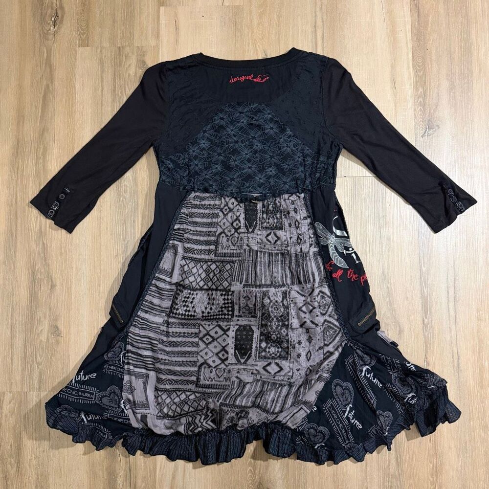 Desigual Embellished Black Sheath Dress 3/4 Sleeve Black Sz 38 Fairy Grunge Alt - Picture 8 of 9